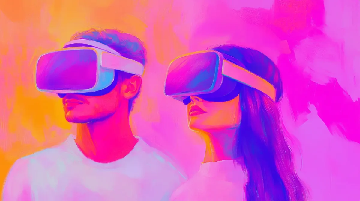 Une peinture numérique vibrante de deux personnes portant des casques de réalité virtuelle. L'arrière-plan est un mélange de teintes orange, roses et violettes, créant une atmosphère futuriste et immersive.