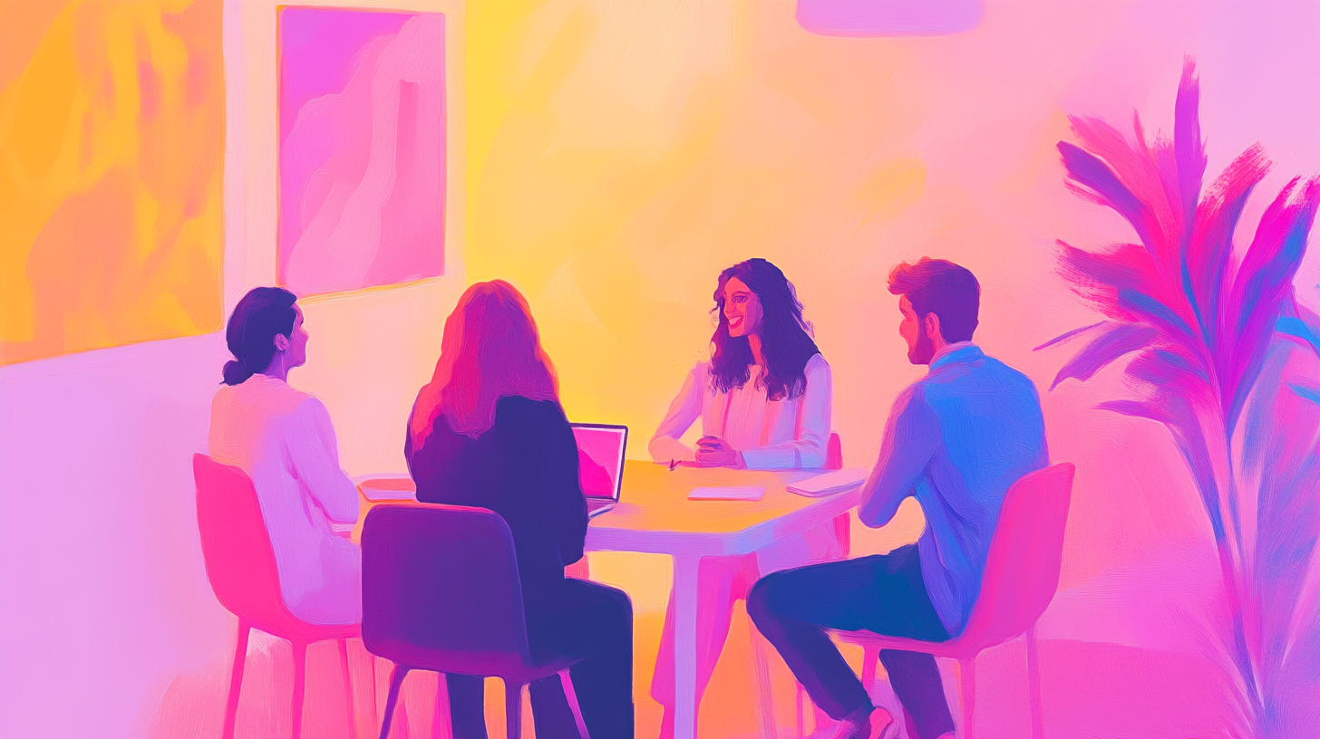 Une œuvre d'art numérique représentant quatre personnes assises autour d'une table dans une pièce aux tons chauds. La scène présente un éclairage rose et jaune, une plante et des peintures abstraites sur les murs. Une personne a un ordinateur portable ouvert sur la table.