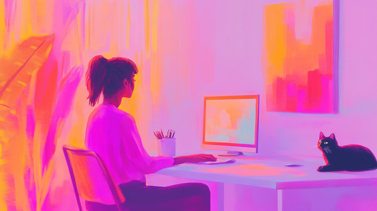 Une femme assise à un bureau travaille sur ordinateur dans une pièce aux couleurs vives, rose et orange, ornée d'œuvres d'art abstrait. Un chat noir se repose sur le bureau, le regard tourné vers elle. La scène est stylisée et vibrante.