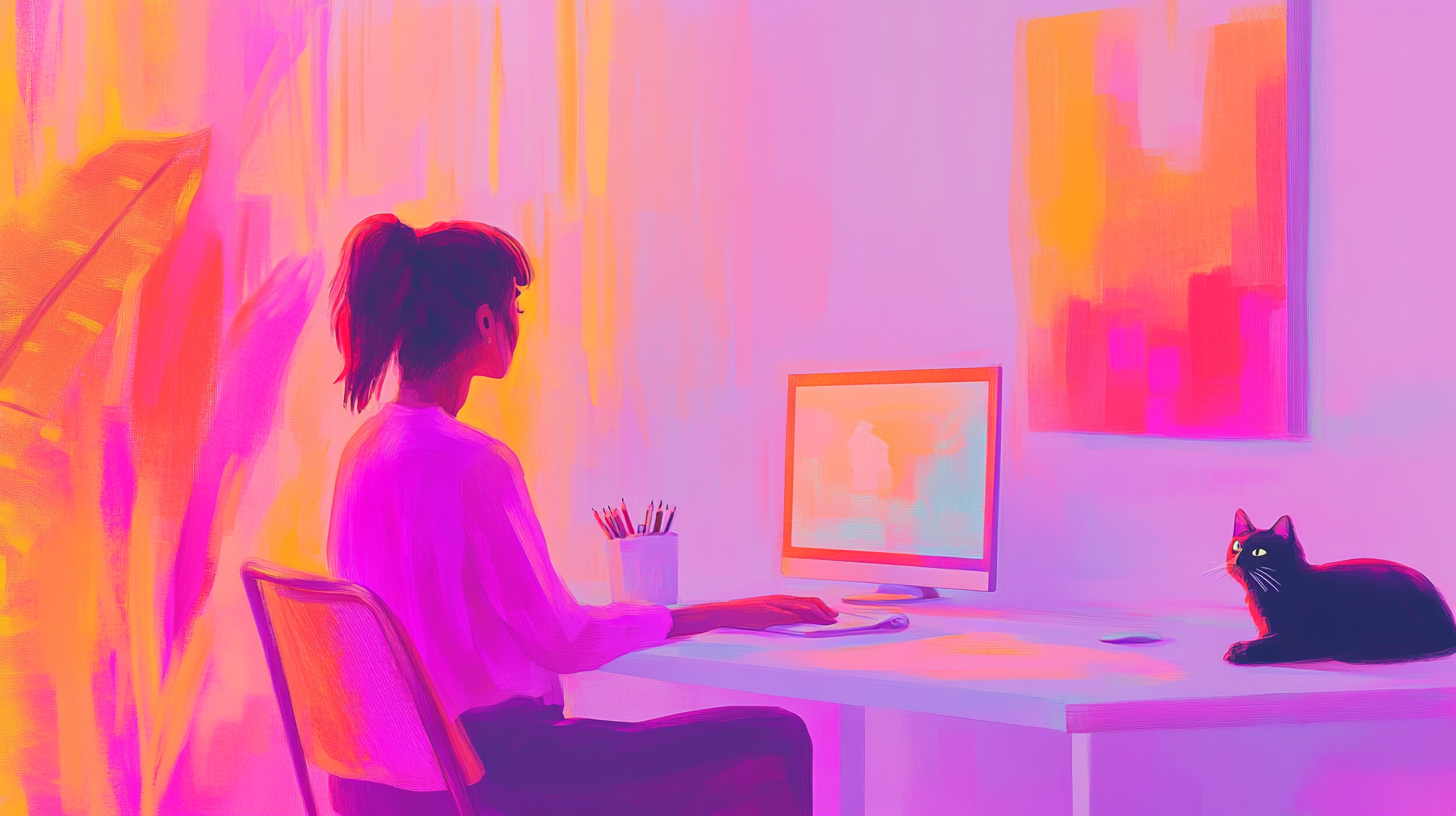 Une femme assise à un bureau travaille sur ordinateur dans une pièce aux couleurs vives, rose et orange, ornée d'œuvres d'art abstrait. Un chat noir se repose sur le bureau, le regard tourné vers elle. La scène est stylisée et vibrante.